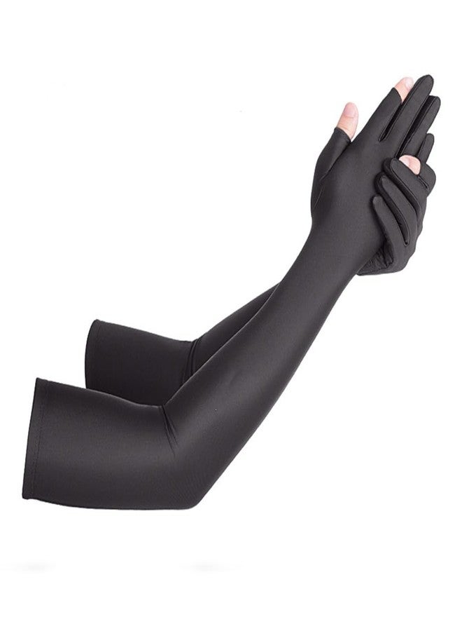 Inf-way UV Protection Armsleeves with 2 Cut Fingers Sun Gloves Men Anti-slip Fishing Driving Cycling Sports Cooling Long Sleeves (Black) - Image 1